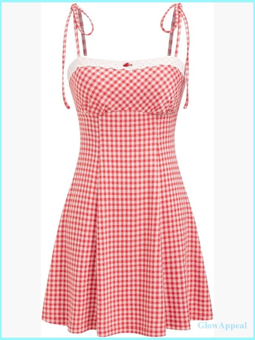 Square Neck Spaghetti Strap Gingham Mini Sundress A-Line Lace Trim